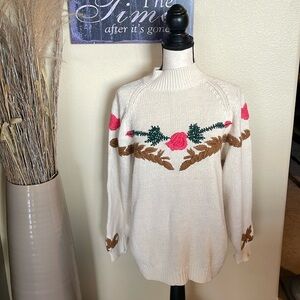 Vintage 1980 Adrianna Papell Crewel Floral Cottagecore Mock Neck Sweater Size M